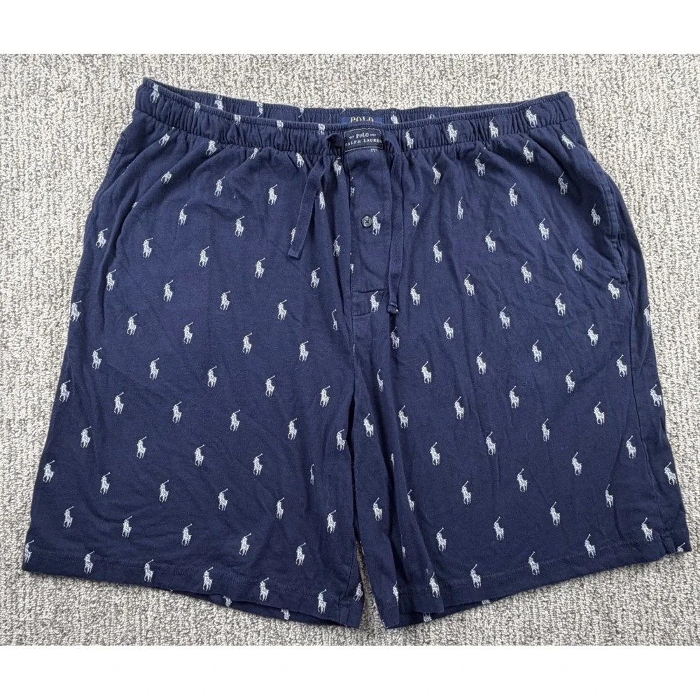 Polo Ralph Lauren Sleep Shorts Men 2X Navy Blue All Over Pony Logo Knit Lounge